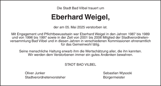 Traueranzeige von Eberhard Weigel von Bad Vilbel/Karben