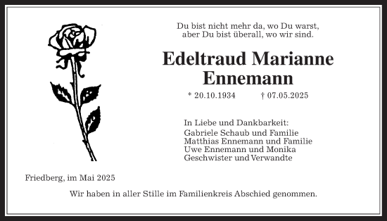 Traueranzeige von Edeltraud Marianne Ennemann von Wetterauer Zeitung