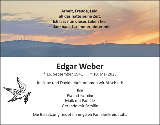 Traueranzeige von Edgar Weber von Usinger Anzeiger, Usinger Anzeigenblatt