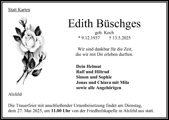 Traueranzeige von Edith Büschges von Oberhessische Zeitung