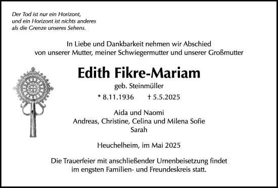 Traueranzeige von Edith Fikre-Mariam von Giessener Allgemeine, Alsfelder Allgemeine