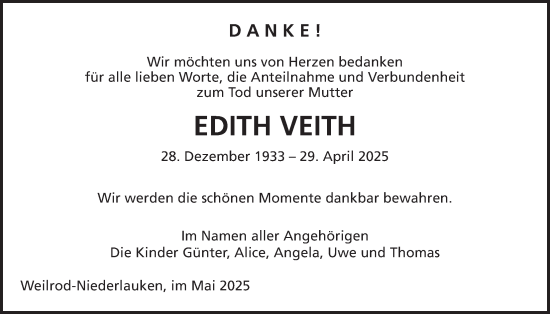 Traueranzeige von Edith Veith von Usinger Anzeiger, Usinger Anzeigenblatt
