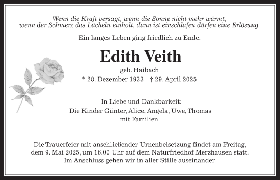 Traueranzeige von Edith Veith von Usinger Anzeiger