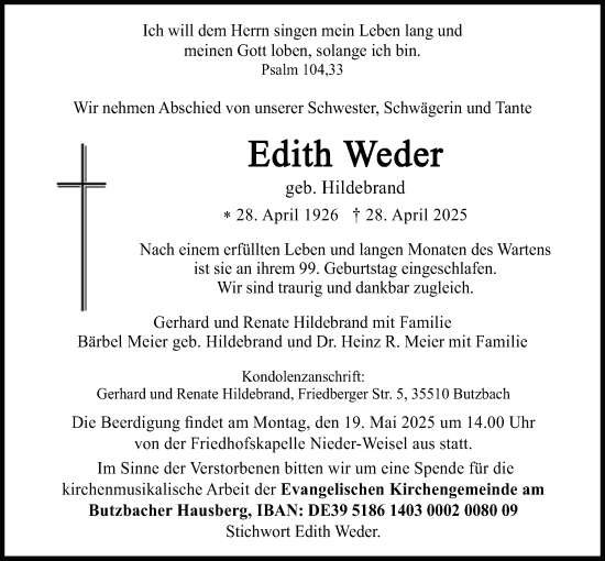 Traueranzeige von Edith Weder von Butzbacher Zeitung