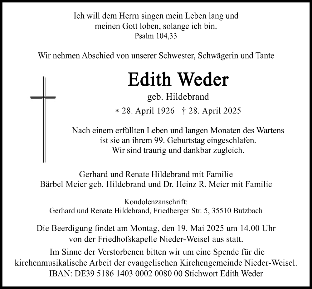  Traueranzeige für Edith Weder vom 10.05.2025 aus Butzbacher Zeitung
