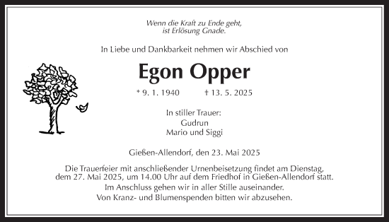 Traueranzeige von Egon Opper von Giessener Allgemeine, Alsfelder Allgemeine