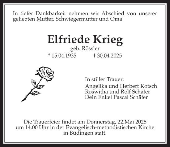 Traueranzeige von Elfriede Krieg von Kreis-Anzeiger