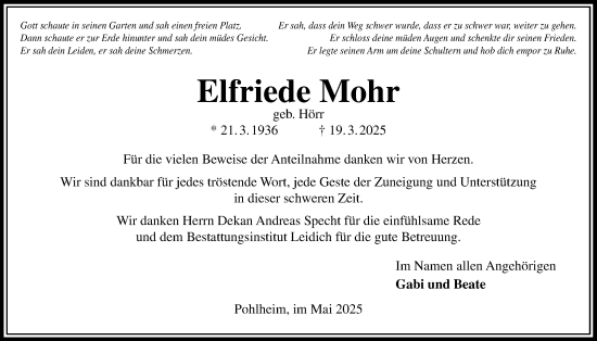 Traueranzeige von Elfriede Mohr von Licher Wochenblatt