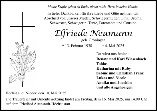 Traueranzeige von Elfriede Neumann von Kreis-Anzeiger