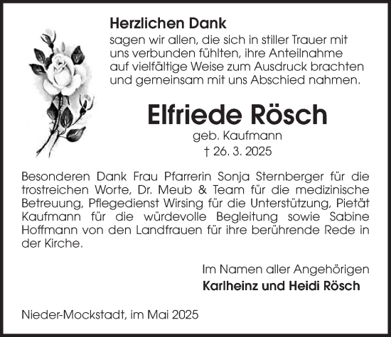 Traueranzeige von Elfriede Rösch von Wetterauer Zeitung, Kreis-Anzeiger