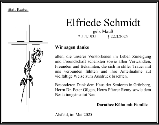 Traueranzeige von Elfriede Schmidt von Oberhessische Zeitung