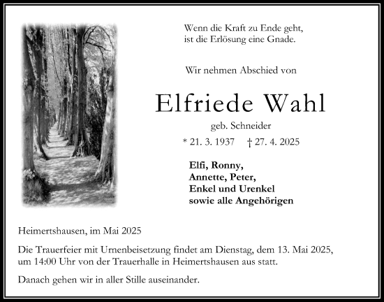 Traueranzeige von Elfriede Wahl von Oberhessische Zeitung, Oberhessische Zeitung