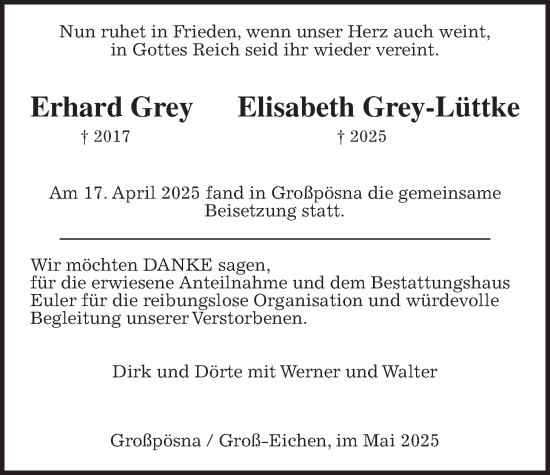 Traueranzeige von Elisabeth Grey-Lüttke von Mücker Stimme