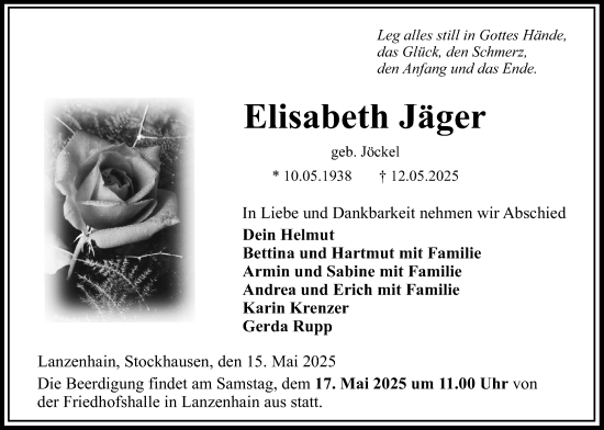 Traueranzeige von Elisabeth Jäger von Lauterbacher Anzeiger