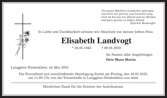 Traueranzeige von Elisabeth Landvogt von Butzbacher Zeitung