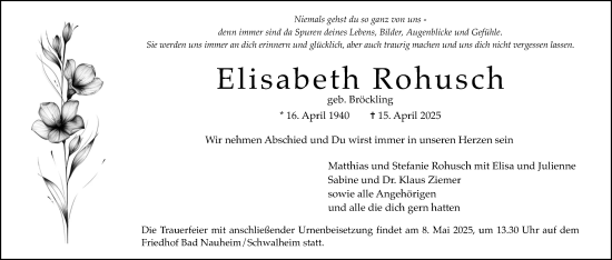Traueranzeige von Elisabeth Rohusch von Wetterauer Zeitung, Butzbacher Zeitung