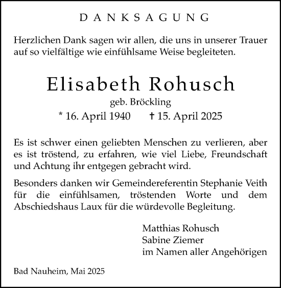 Traueranzeige von Elisabeth Rohusch von Butzbacher Zeitung, Wetterauer Zeitung