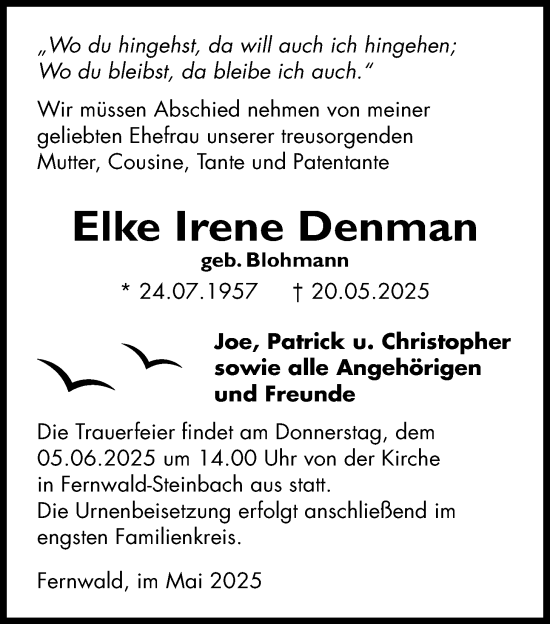 Traueranzeige von Elke Irene Denman von Licher Wochenblatt
