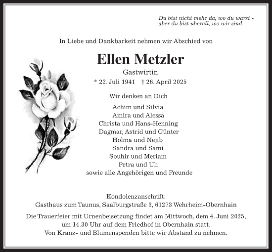 Traueranzeige von Ellen Metzler von Usinger Anzeiger, Usinger Anzeigenblatt