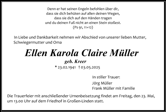 Traueranzeige von Ellen Karola Claire Müller von Giessener Allgemeine, Alsfelder Allgemeine, Giessener Anzeiger