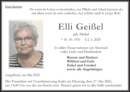 Traueranzeige von Elli Geißel von Oberhessische Zeitung