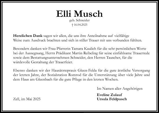 Traueranzeige von Elli Musch von Oberhessische Zeitung