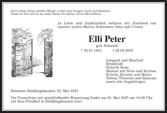 Traueranzeige von Elli Peter von Giessener Allgemeine, Alsfelder Allgemeine