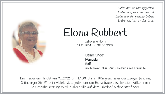 Traueranzeige von Elona Robbert von Oberhessische Zeitung