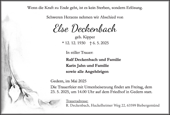 Traueranzeige von Else Deckenbach von Kreis-Anzeiger