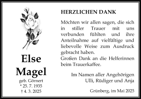 Traueranzeige von Else Magel von Giessener Allgemeine, Alsfelder Allgemeine, Giessener Anzeiger, Giessener Allgemeine, Alsfelder Allgemeine, Giessener Anzeiger