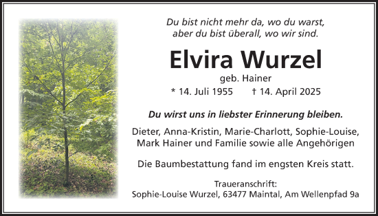 Traueranzeige von Elvira Wurzel von Lauterbacher Anzeiger