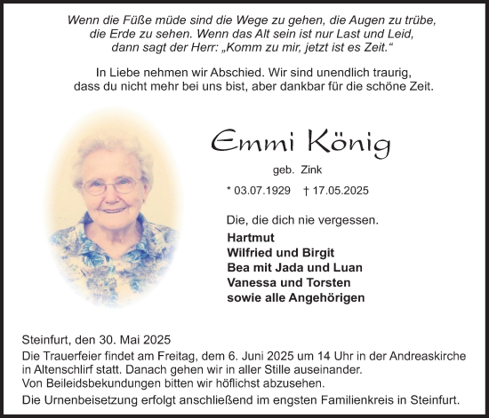Traueranzeige von Emmi König von Lauterbacher Anzeiger, 