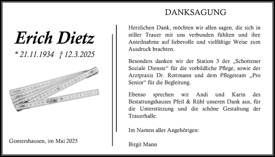 Traueranzeige von Erich Dietz von Oberhessische Zeitung, Alsfelder Allgemeine, Oberhessische Zeitung, Alsfelder Allgemeine