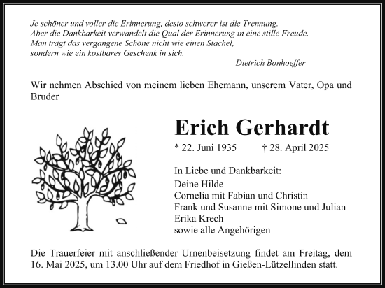 Traueranzeige von Erich Gerhardt von Giessener Allgemeine, Alsfelder Allgemeine