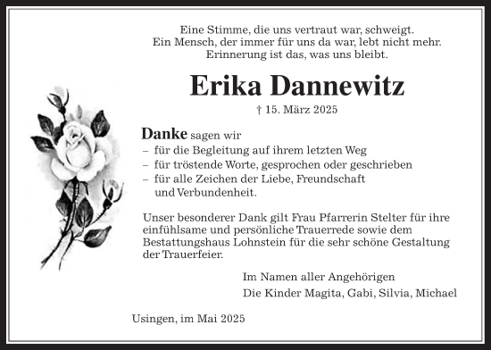 Traueranzeige von Erika Dannewitz von Usinger Anzeigenblatt