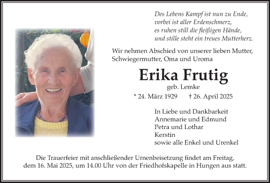 Traueranzeige von Erika Frutig von Licher Wochenblatt