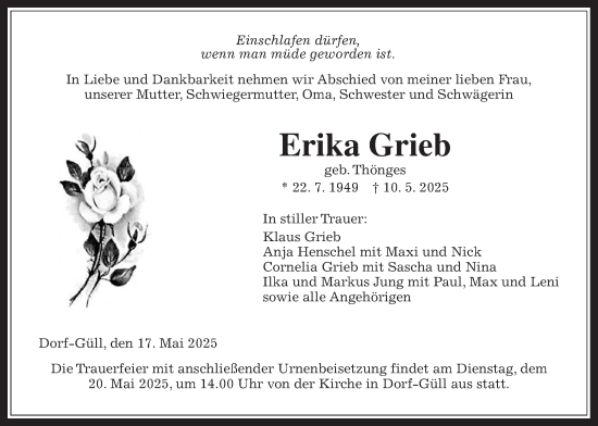Traueranzeige von Erika Grieb von Giessener Allgemeine, Alsfelder Allgemeine, Wetterauer Zeitung