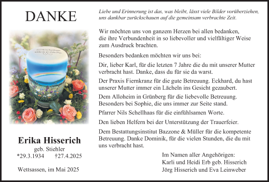Traueranzeige von Erika Hisserich von Mücker Stimme, Giessener Allgemeine, Alsfelder Allgemeine