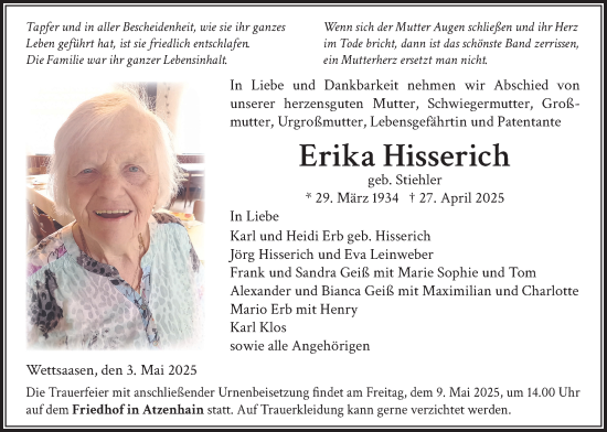 Traueranzeige von Erika Hisserich von Giessener Allgemeine, Alsfelder Allgemeine