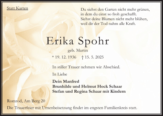 Traueranzeige von Erika Spohr von Oberhessische Zeitung