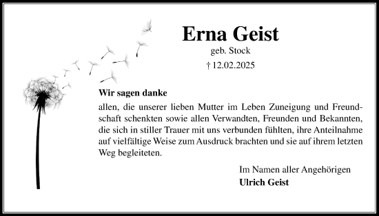 Traueranzeige von Erna Geist 