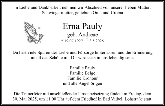 Traueranzeige von Erna Pauly von Bad Vilbel/Karben