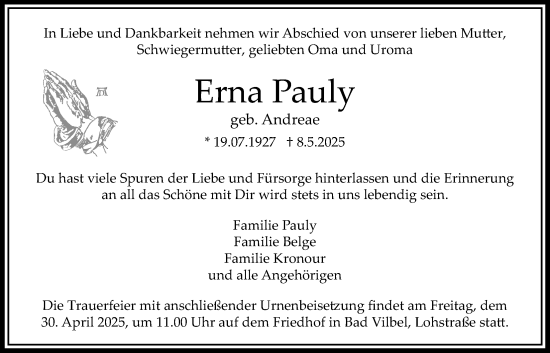 Traueranzeige von Erna Pauly von Bad Vilbel/Karben