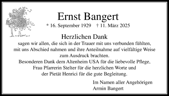 Traueranzeige von Ernst Bangert von Usinger Anzeiger