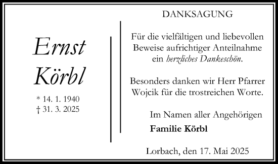 Traueranzeige von Ernst Körbl von Kreis-Anzeiger