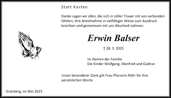 Traueranzeige von Erwin Balser von Giessener Allgemeine, Alsfelder Allgemeine