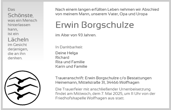 Traueranzeige von Erwin Borgschulze von Giessener Allgemeine, Alsfelder Allgemeine