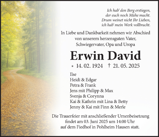 Traueranzeige von Erwin David von Pohlheimer Nachrichten