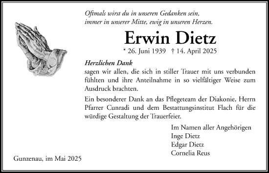 Traueranzeige von Erwin Dietz von Lauterbacher Anzeiger