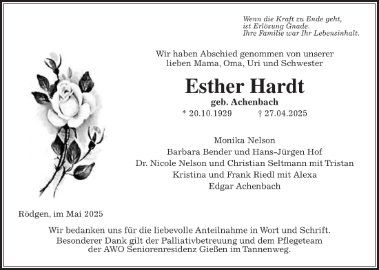 Traueranzeige von Esther Hardt von Giessener Allgemeine, Alsfelder Allgemeine